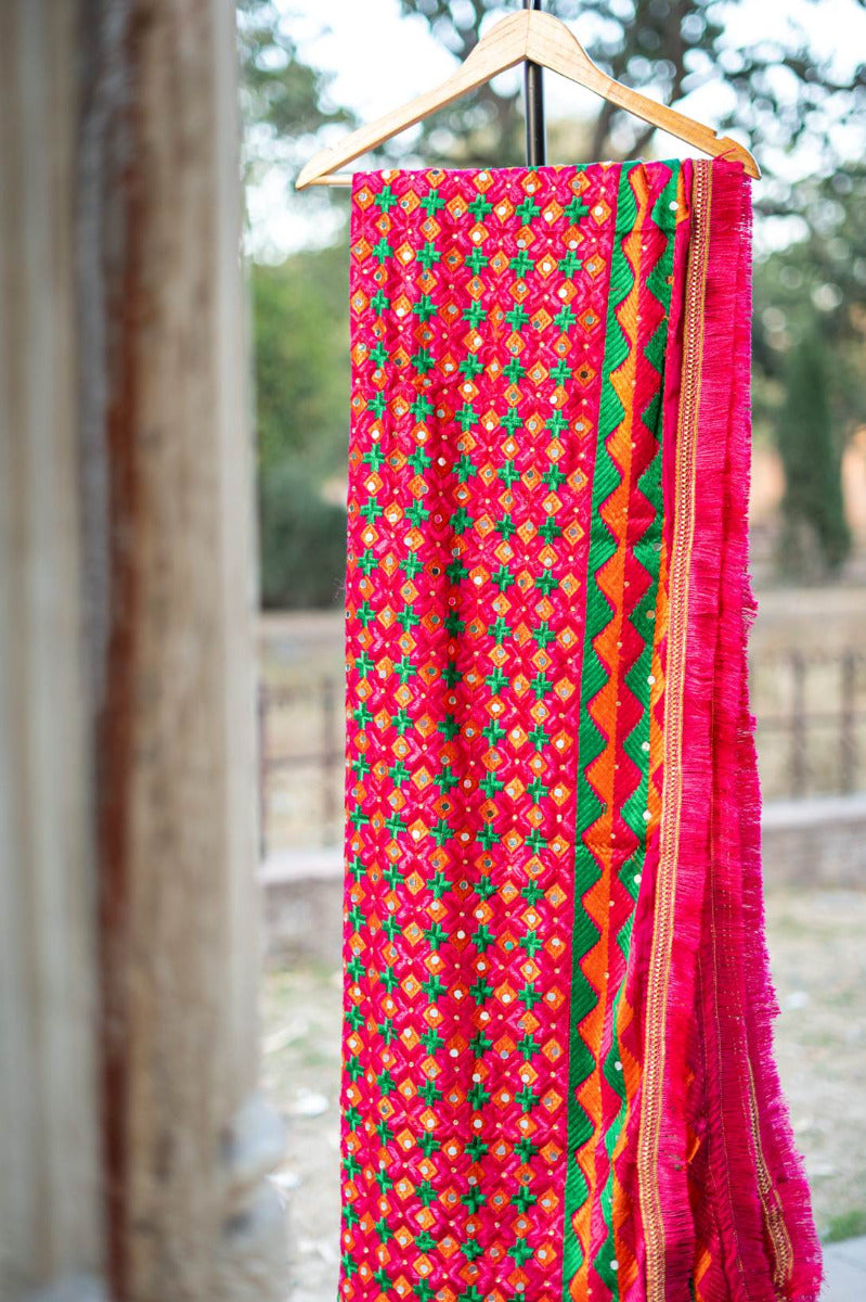 Red & saving multicoloured phulkari Embroidered Dupatta