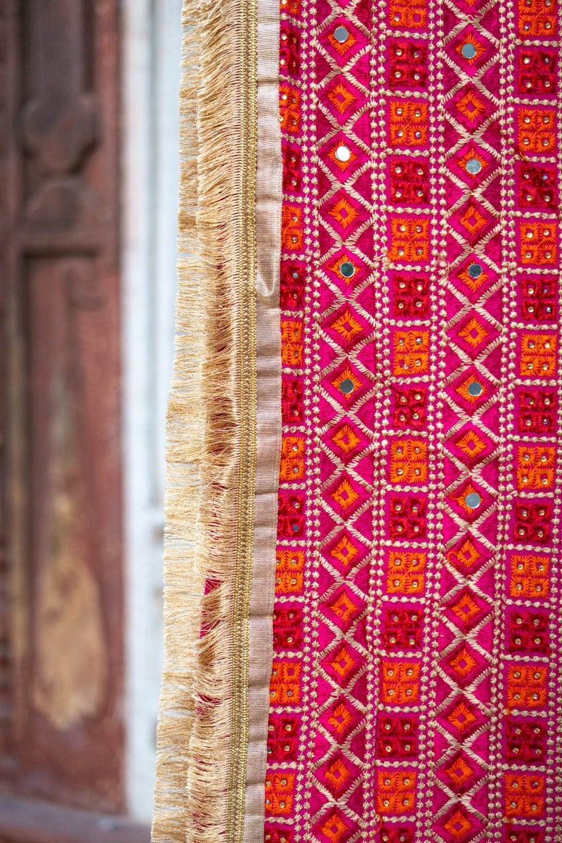 Magenta Phulkari Dupatta With Four Side Golden Lace & Mirror Work By The Amritsar Store - The Amritsar Store