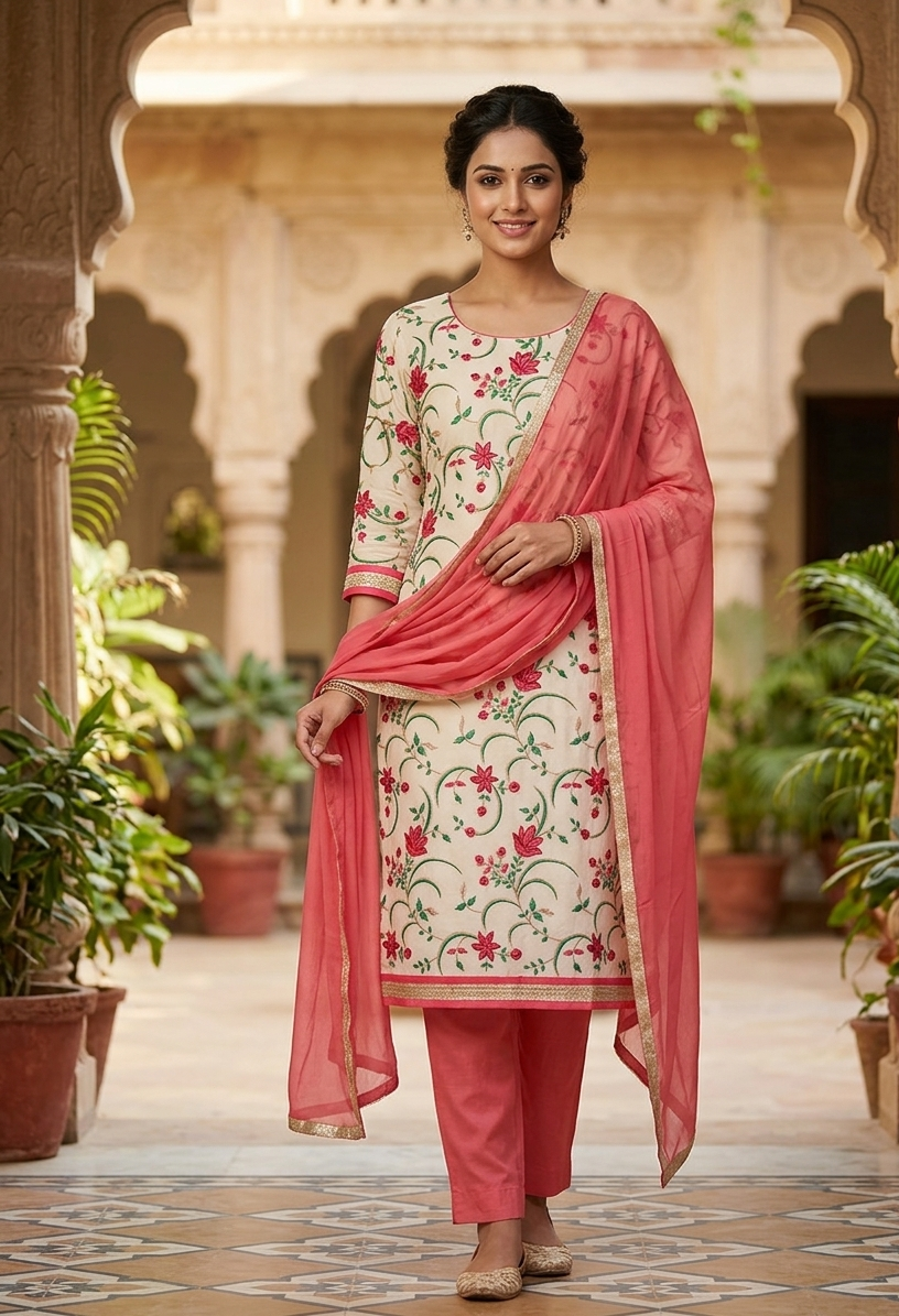 The Amritsar Store Chanderi Embroidered Unstitched Suit with Dupatta for Women, Traditional Punjabi Ethnic Wear Suit Set