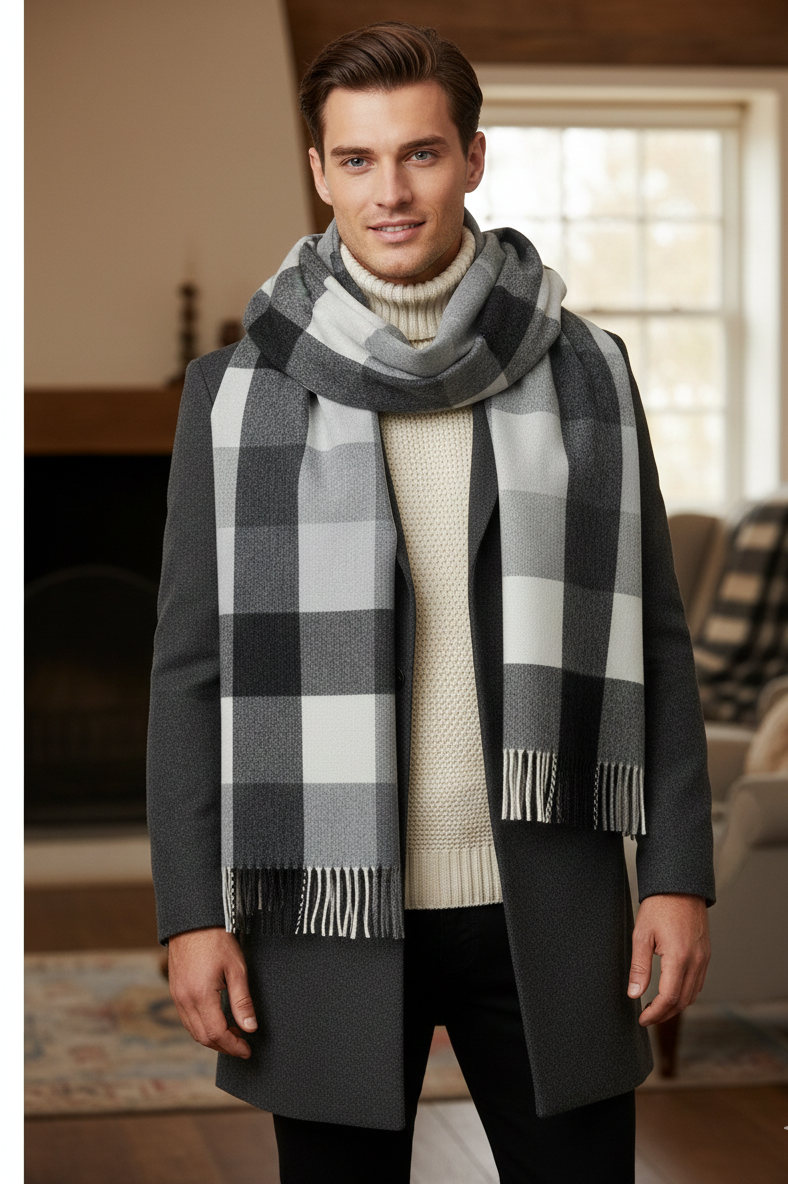 “The Amritsar Store classic black and white check wool scarf, soft woven winter scarf