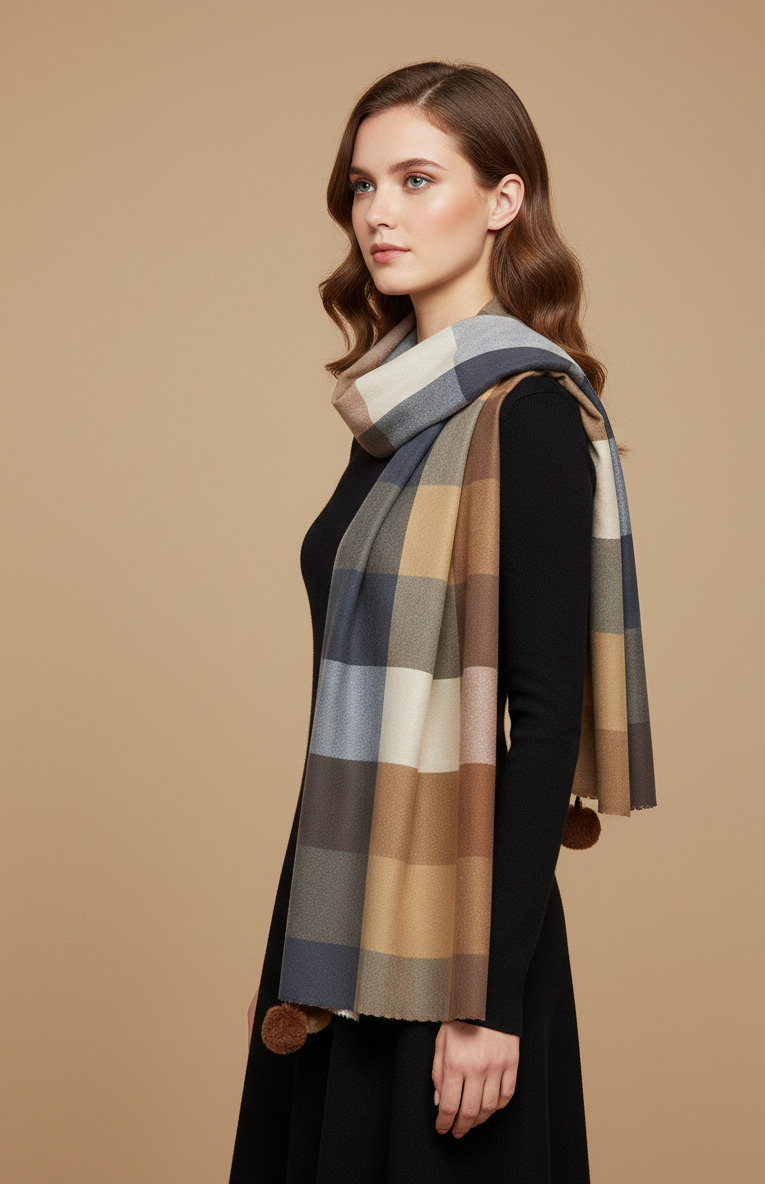 The Amritsar Store Brown, Beige & Grey Check Wool Scarf with Classic Plaid Pattern