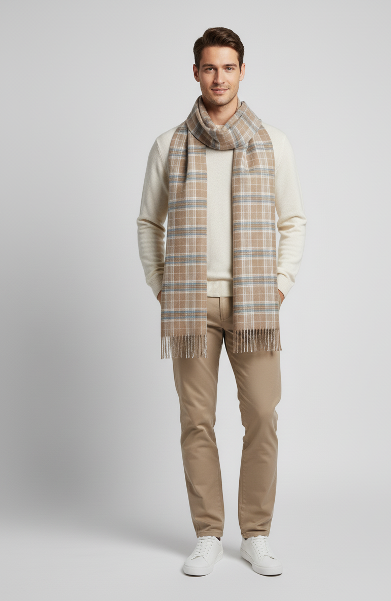 "Classic Brown and Blue Checkered Shawl with Fringe Details, Soft Winter Wrap for Men and Women by The Amritsar Store"
