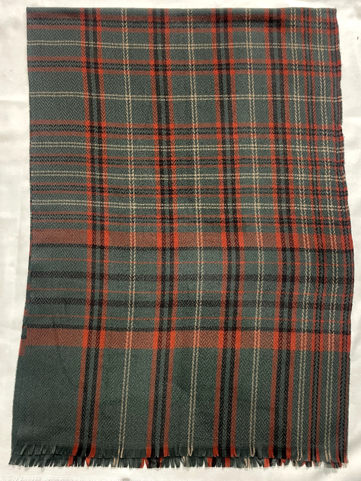 The Amritsar Store Classic Green, Rust & Beige Check Wool Scarf with soft woven checks and fringed edges