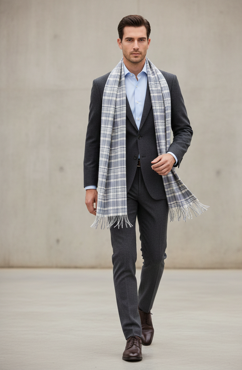 “The Amritsar Store classic grey and ivory check wool scarf, soft warm wool scarf