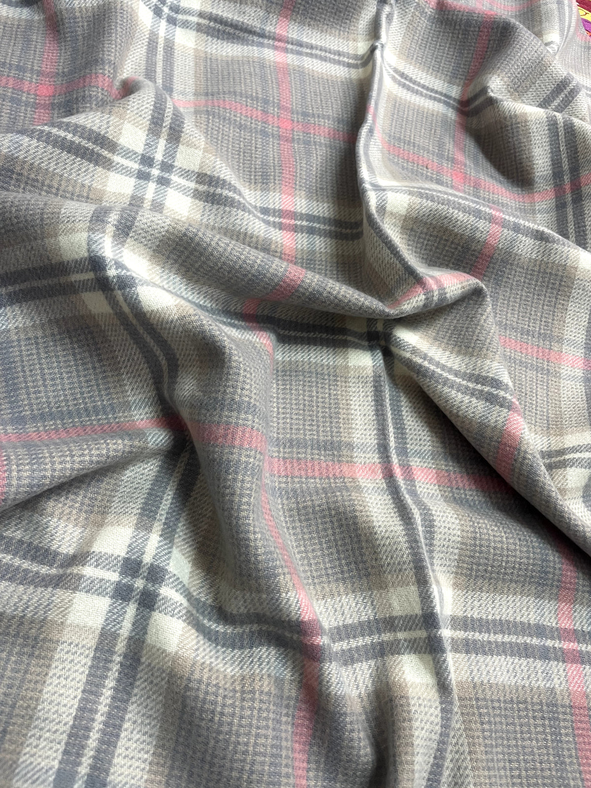 “The Amritsar Store winter plaid wool scarf in grey with soft pink accents, warm lightweight wool scarf