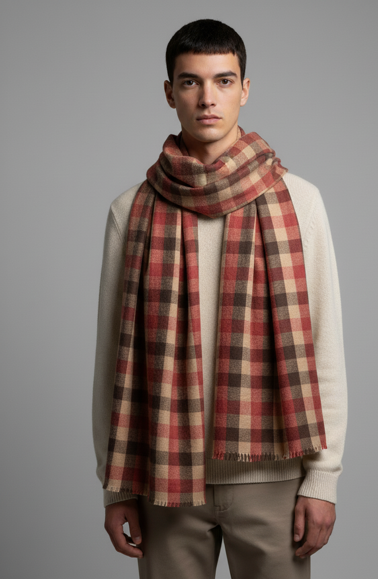 "Classic Red and Beige Checkered Scarf, Soft Winter Wrap for Men and Women by The Amritsar Store"