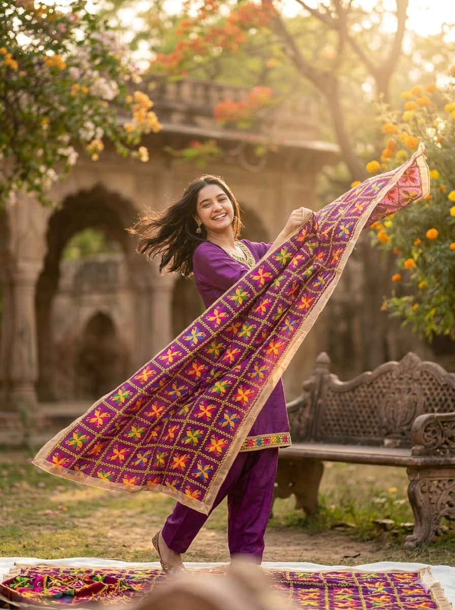 The Amritsar Store embellished dupatta in deep purple base with colorful floral design and intricate detailing, elegant ethnic wear accessory for festive and wedding occasions