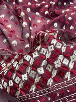 Hand embroidered maroon Phulkari dupatta for women in traditional Punjabi style, elegant ethnic wrap with detailed floral threadwork by