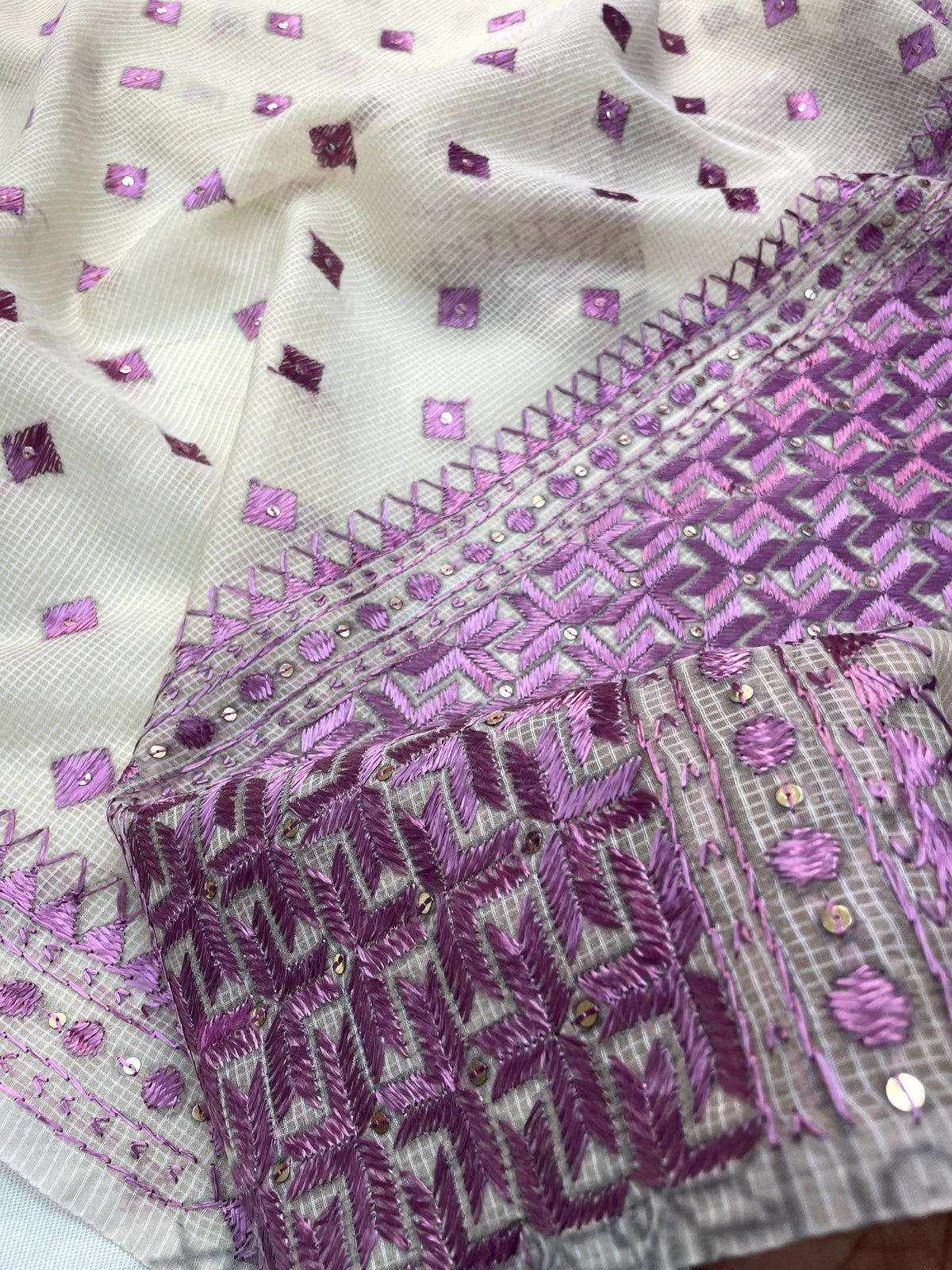 Phulkari Dupatta in off white and purple with hand embroidery for women by