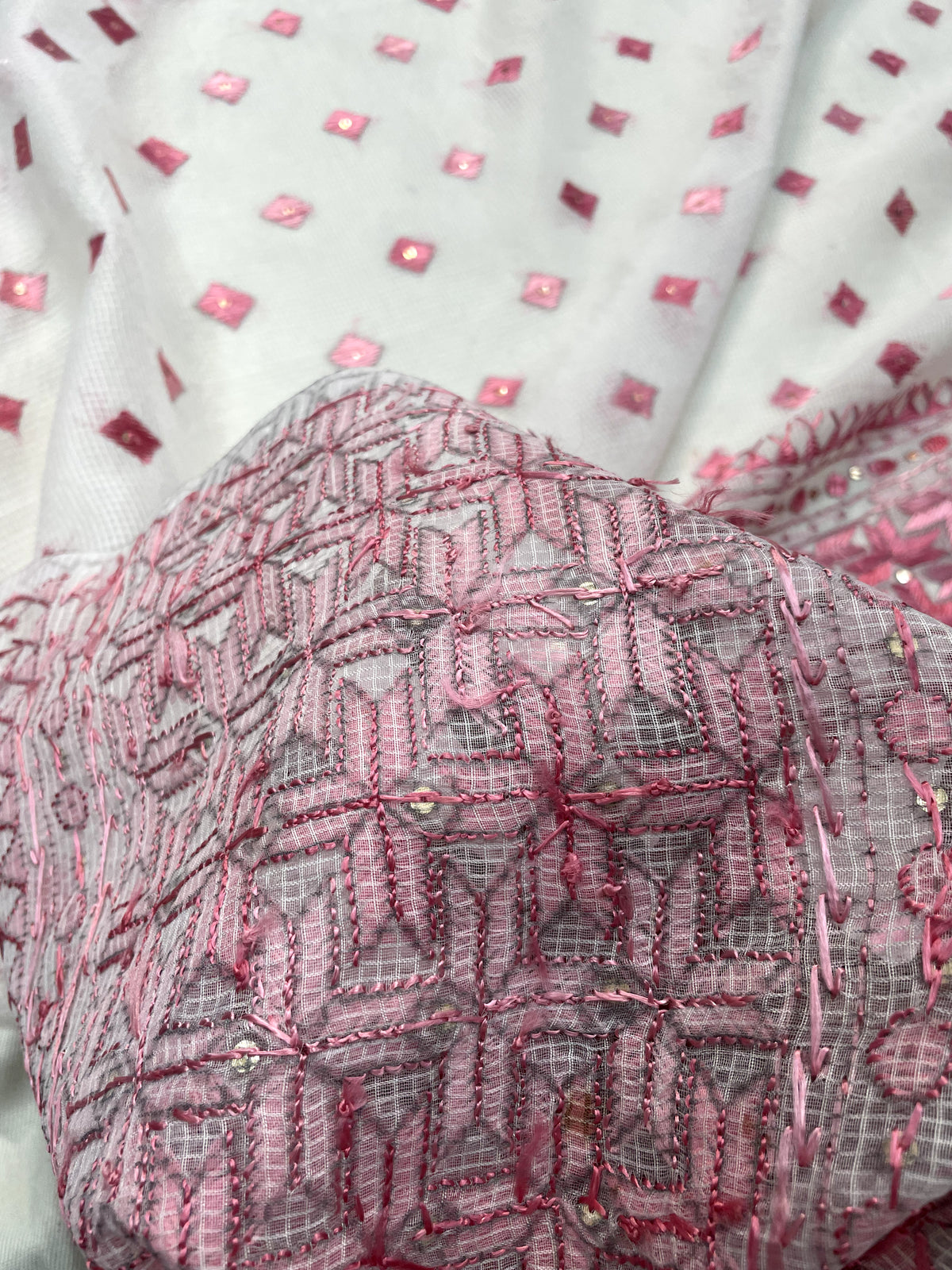 Hand embroidered white & pink Phulkari dupatta for women in soft traditional Punjabi ethnic style.