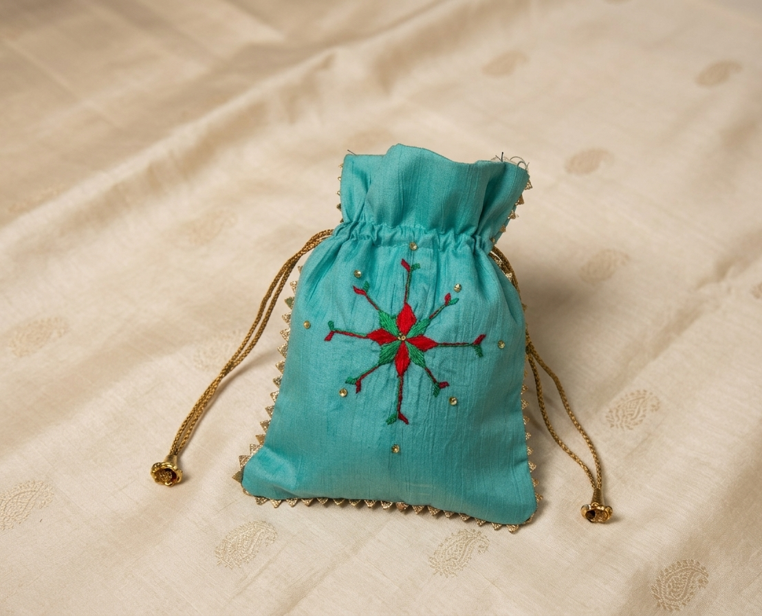 The Amritsar Store Phulkari embroidered potli bag with golden lace, handmade Punjabi traditional ethnic clutch for women