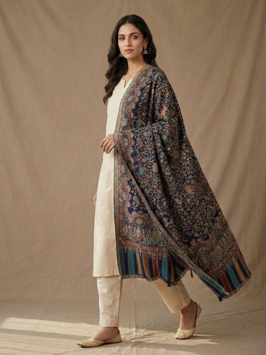 Women's heritage navy blue stole featuring an intricate Paisley Jaal weave with elegant multitone borders, beautifully crafted by The Amritsar Store.