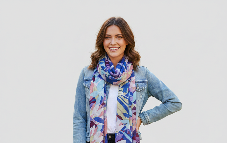 Multi color abstract digital print scarf for women by The Amritsar Store, soft lightweight fashion accessory for all seasons.