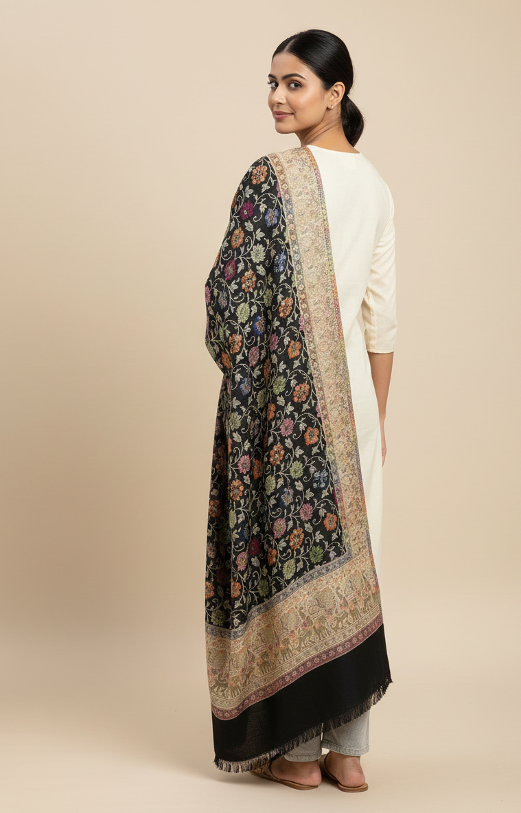 The Amritsar Store Black Shawl with Sozni Style Floral Jaal – Handcrafted Traditional Kashmiri Wool Wrap