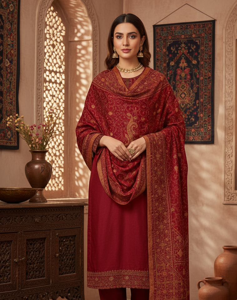 The Amritsar Store Elegant Maroon Hand Embroidered Shawl – finely crafted with intricate threadwork, showcasing timeless Kashmiri artistry and sophistication.