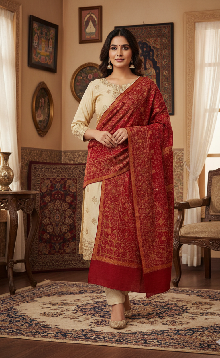 The Amritsar Store Elegant Maroon Hand Embroidered Shawl – finely crafted with intricate threadwork, showcasing timeless Kashmiri artistry and sophistication.