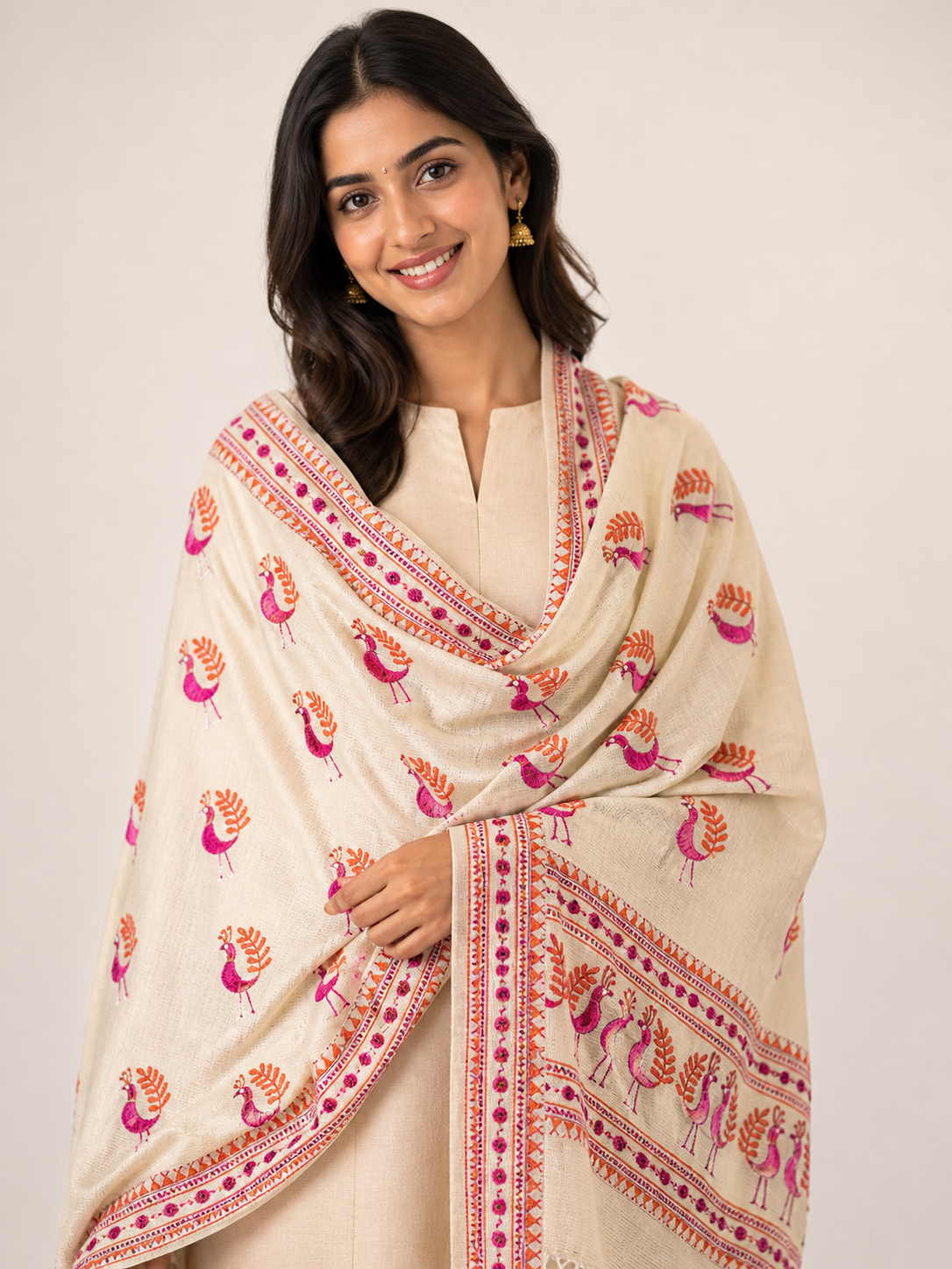 Off White Kota Doria Phulkari Dupatta for Women with Hand Embroidered Traditional Punjabi Floral Design