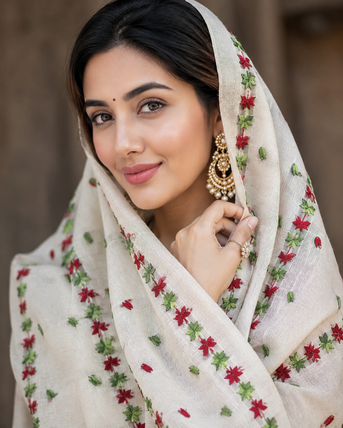 Hand embroidered off white Kota Doria phulkari dupatta for women featuring delicate floral embroidery, lightweight ethnic wrap for traditional and festive wear.