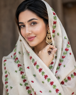 Hand embroidered off white Kota Doria phulkari dupatta for women featuring delicate floral embroidery, lightweight ethnic wrap for traditional and festive wear.