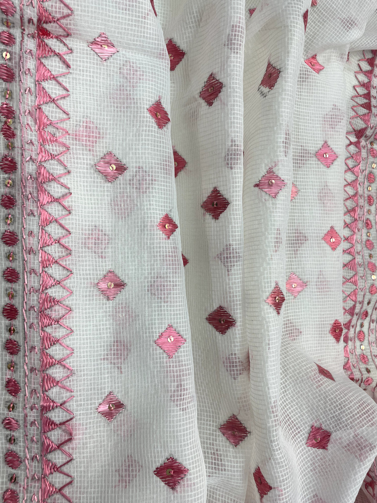 Hand embroidered white & pink Phulkari dupatta for women in soft traditional Punjabi ethnic style.