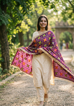The Amritsar Store embellished dupatta in deep purple base with colorful floral design and intricate detailing, elegant ethnic wear accessory for festive and wedding occasions