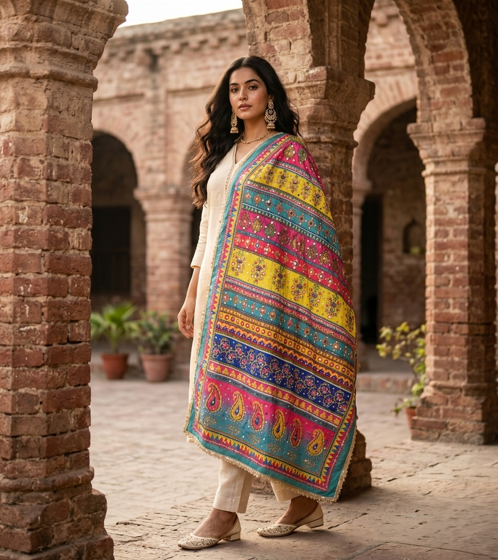 The Amritsar Store embellished dupatta with mirror and stone work detailing, traditional ethnic designer dupatta for women