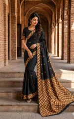 Hand embroidered black silk Phulkari saree with traditional Punjabi embroidery and geometric border design for women