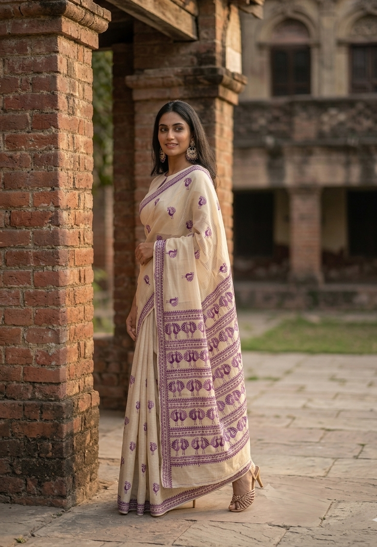 Hand embroidered Phulkari saree for women featuring traditional peacock motifs and intricate Punjabi 