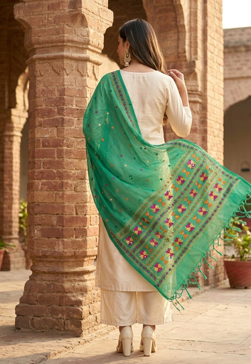Hand embroidered Phulkari Dupatta for women in traditional Punjabi ethnic style by