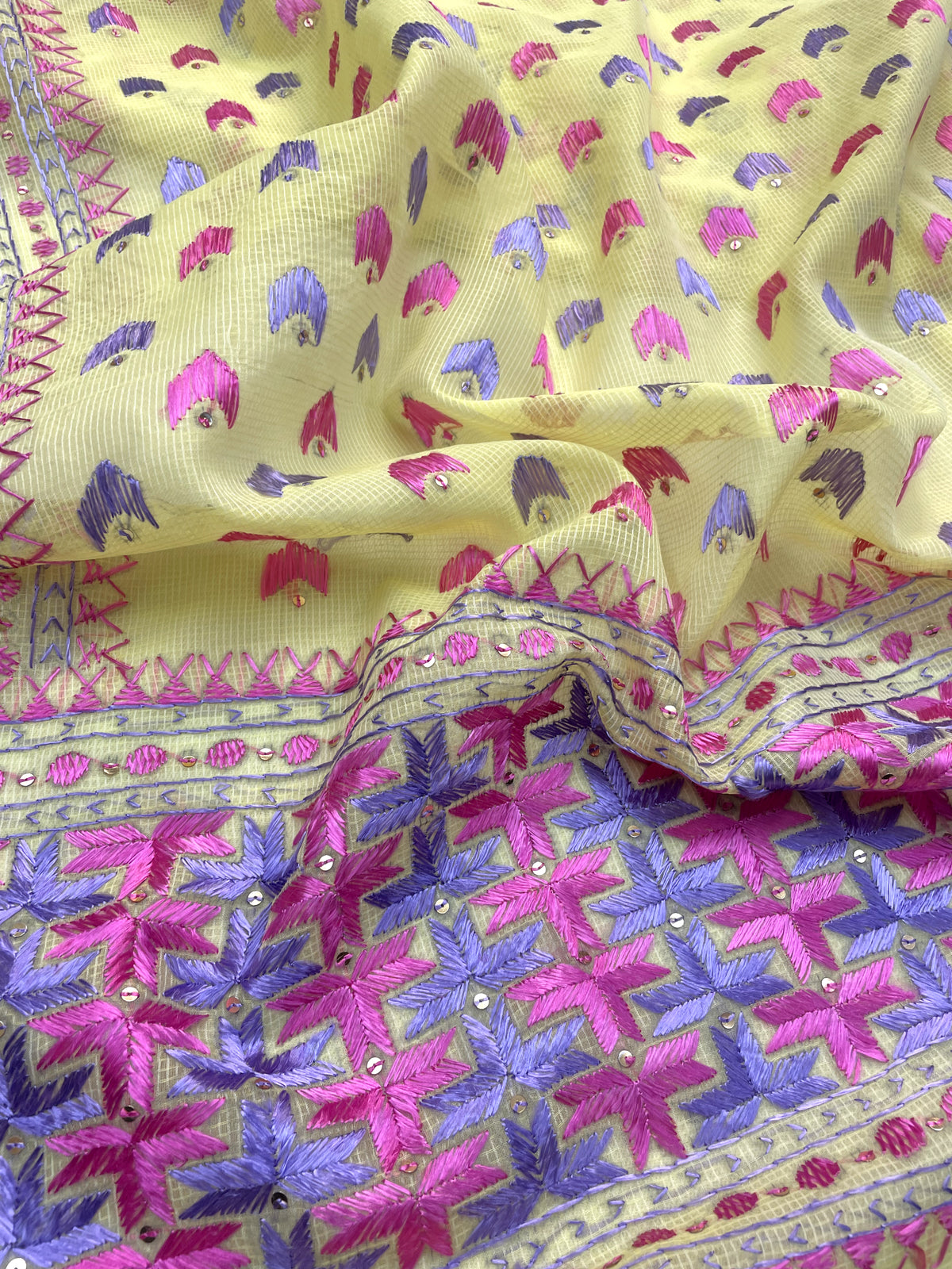 Hand embroidered lemon yellow Phulkari dupatta for women with traditional Punjabi threadwork by The Amritsar Store