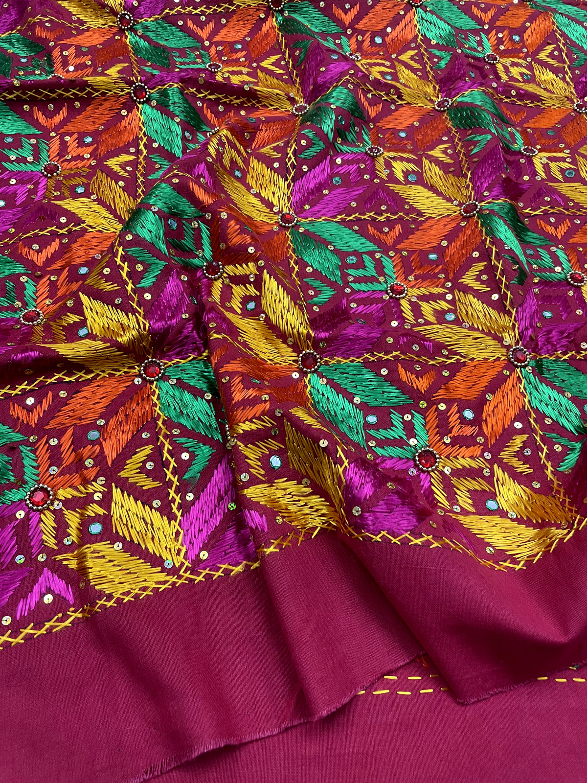 Hand embroidered Phulkari Bagh mirror work dupatta for women by The Amritsar Store featuring traditional Punjabi embroidery and mirror detailing