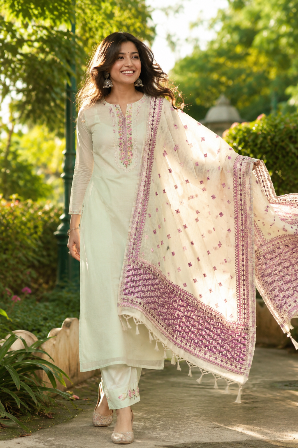 Phulkari Dupatta in off white and purple with hand embroidery for women by