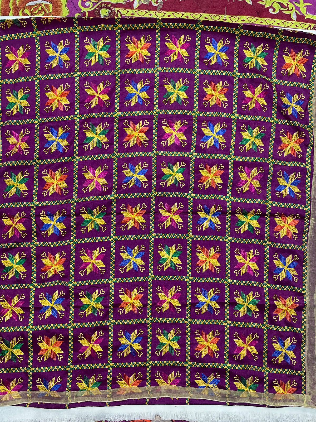 The Amritsar Store Phulkari Dupatta in deep purple base with vibrant multicolor floral embroidery, traditional Punjabi handcrafted design