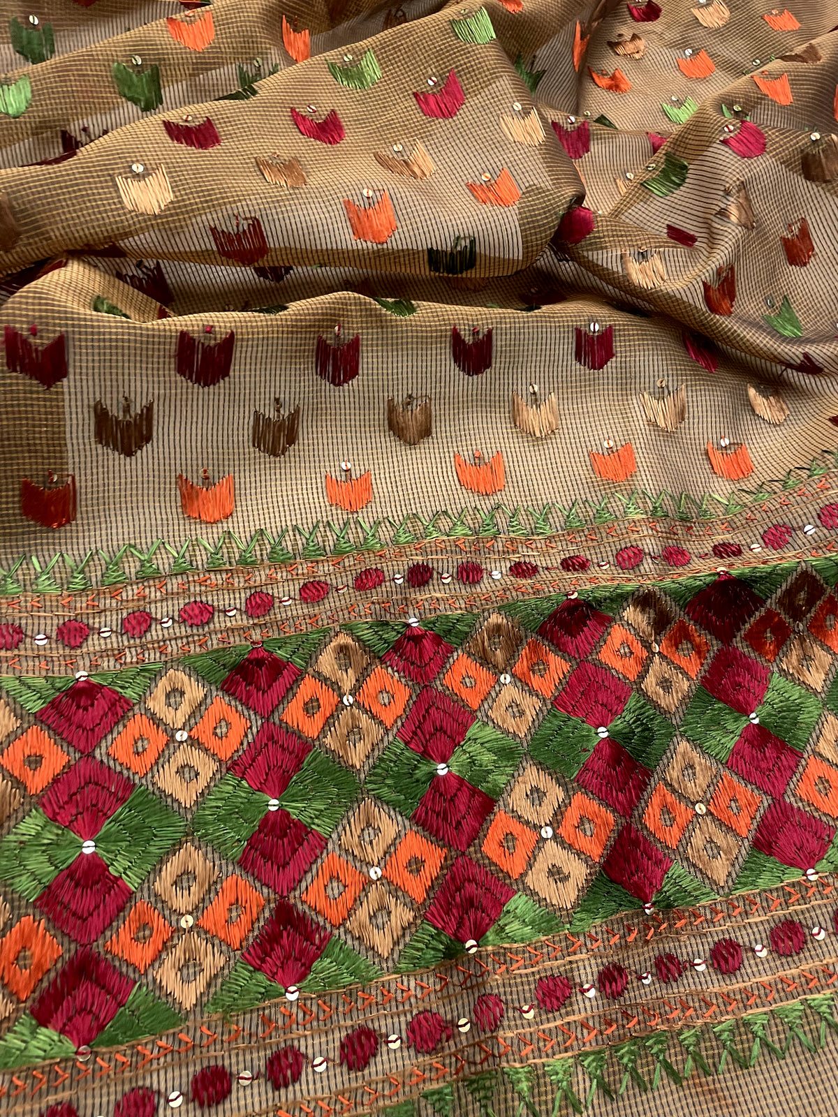 Hand embroidered Phulkari dupatta for women with traditional Punjabi embroidery by