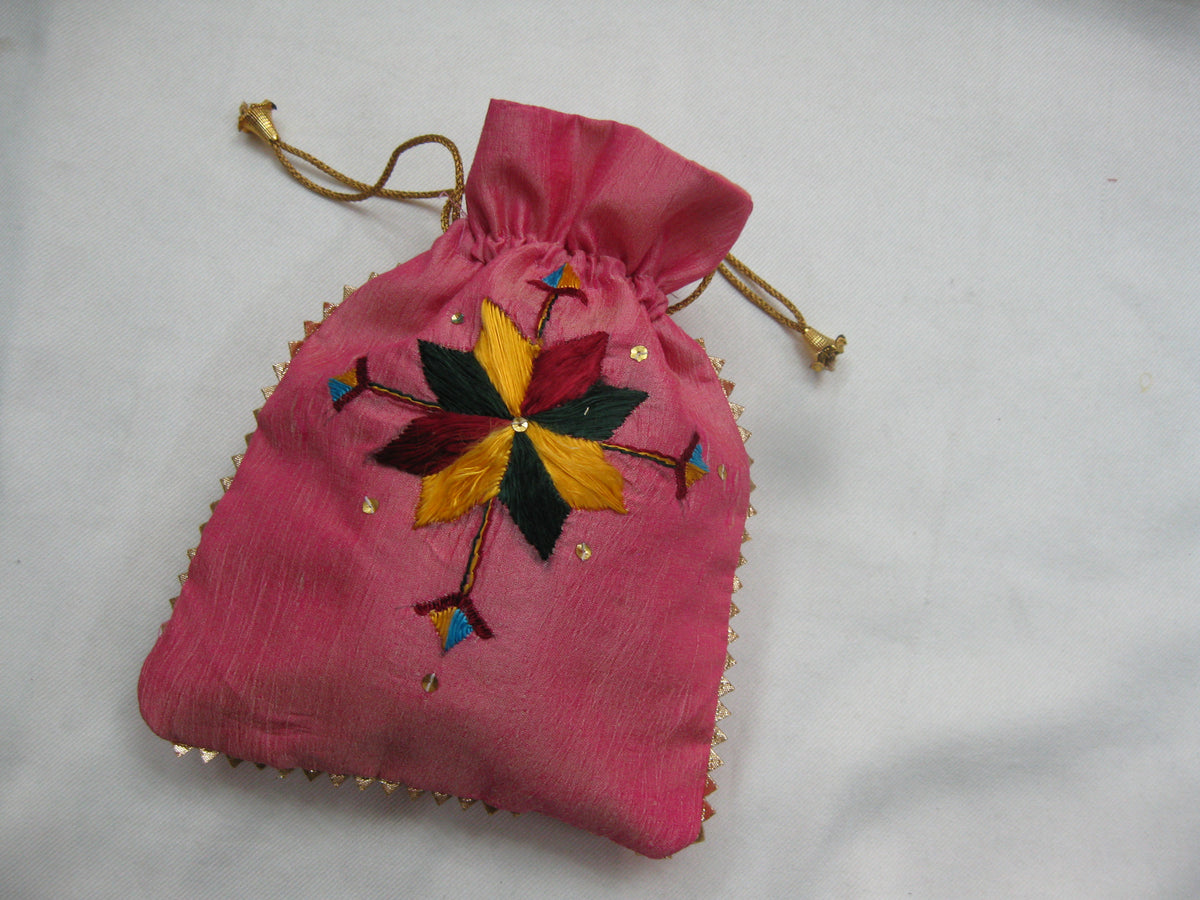 Handmade Phulkari embroidered potli bag by The Amritsar Store in traditional Punjabi design