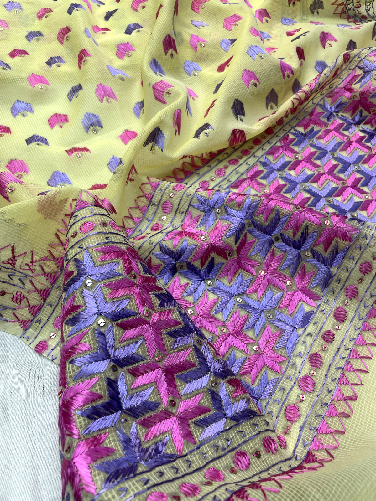 Hand embroidered lemon yellow Phulkari dupatta for women with traditional Punjabi threadwork by The Amritsar Store