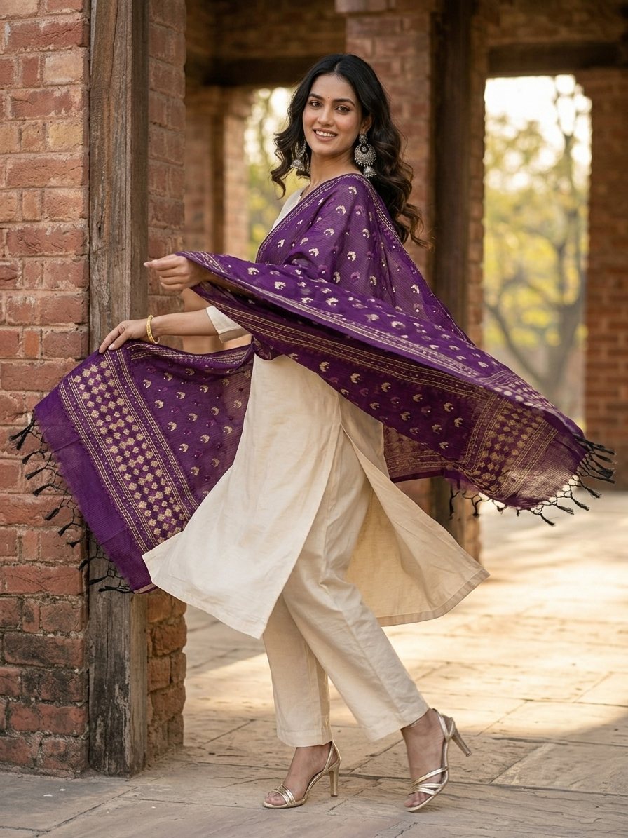 Hand embroidered purple Phulkari dupatta featuring traditional Punjabi embroidery and vibrant threadwork
