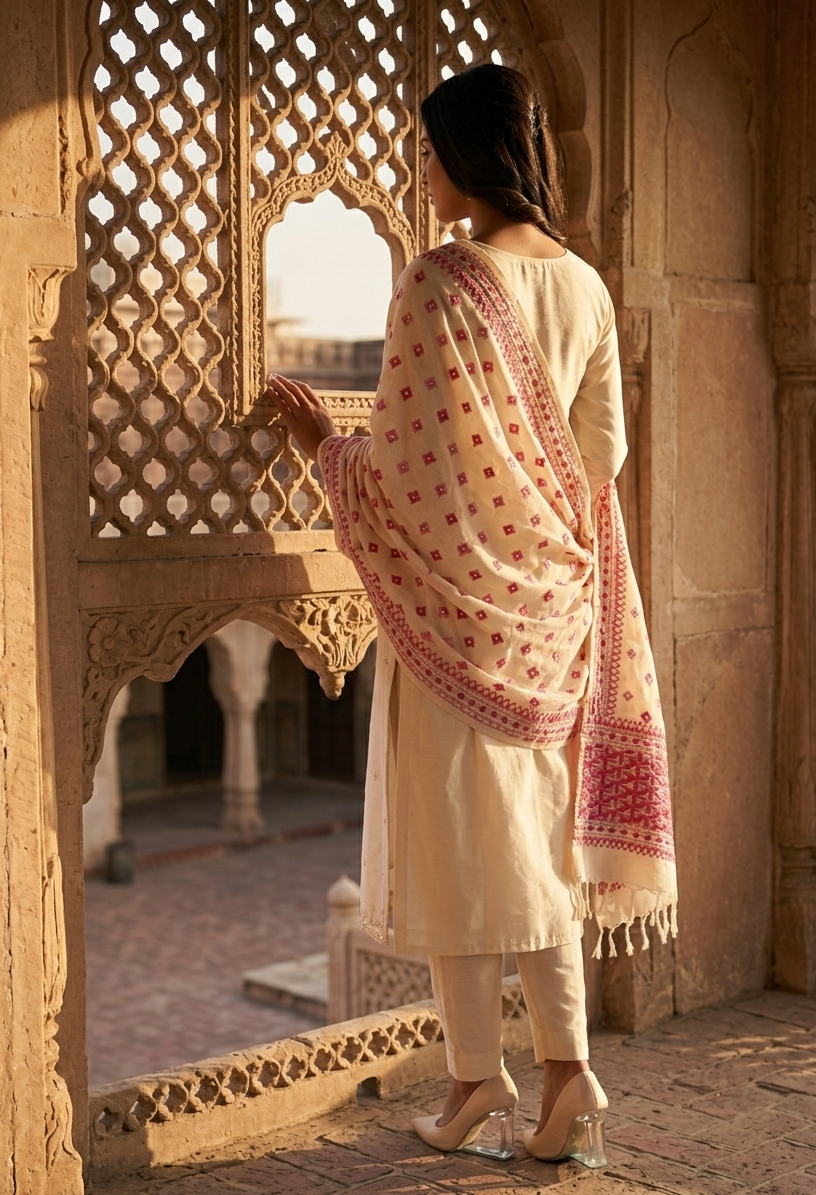 Hand embroidered white & pink Phulkari dupatta for women in soft traditional Punjabi ethnic style.