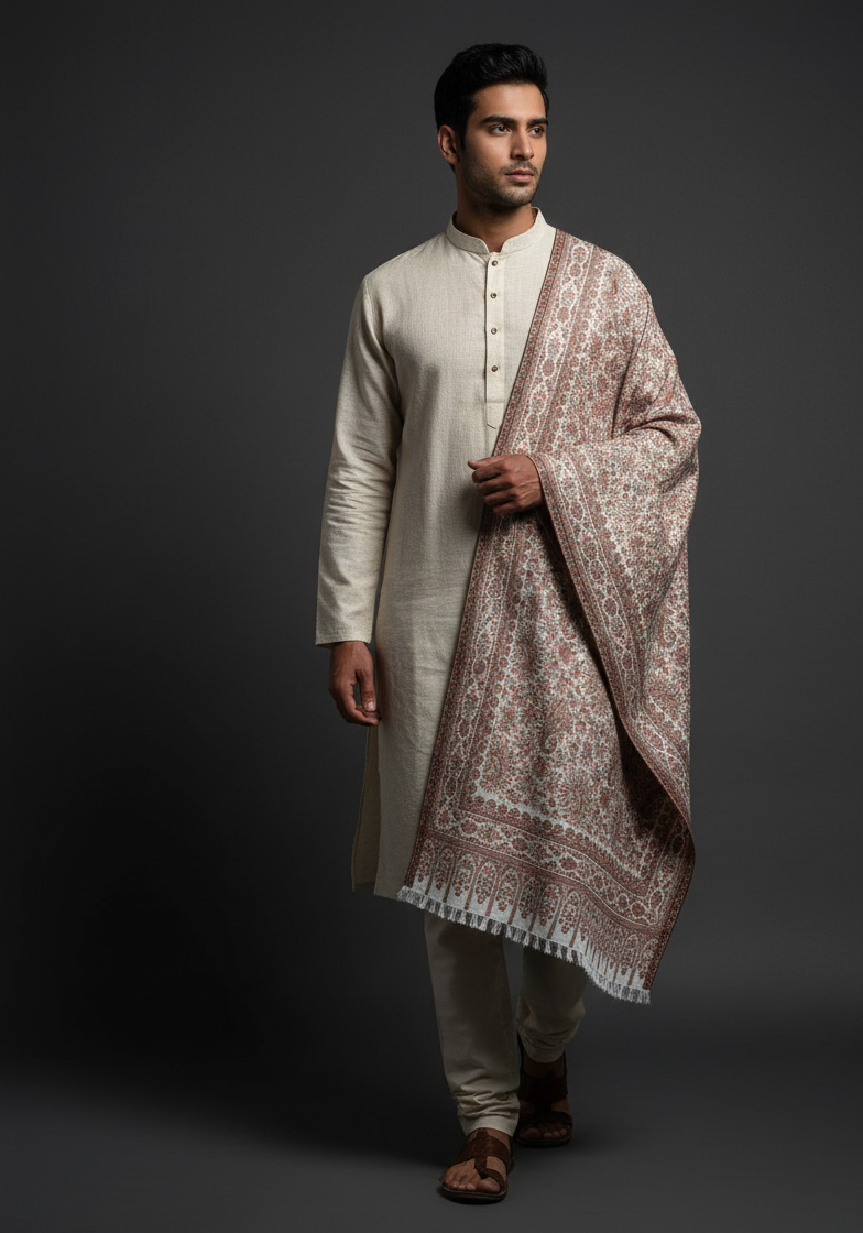 "The Amritsar Store Men's Fine Wool Kani Shawl with Intricate Paisley Pattern – Soft and Luxurious Winter Wear"