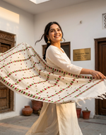 Hand embroidered off white Kota Doria phulkari dupatta for women featuring delicate floral embroidery, lightweight ethnic wrap for traditional and festive wear.
