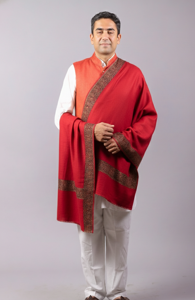 Hand embroidered Kashmiri four-side border meditation shawl soft wool pashmina oversized wrap for men and women