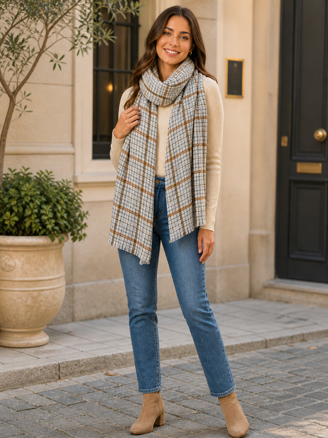 "Modern Grey Checkered Scarf, Lightweight and Stylish Winter Wrap for Men and Women by The Amritsar Store"