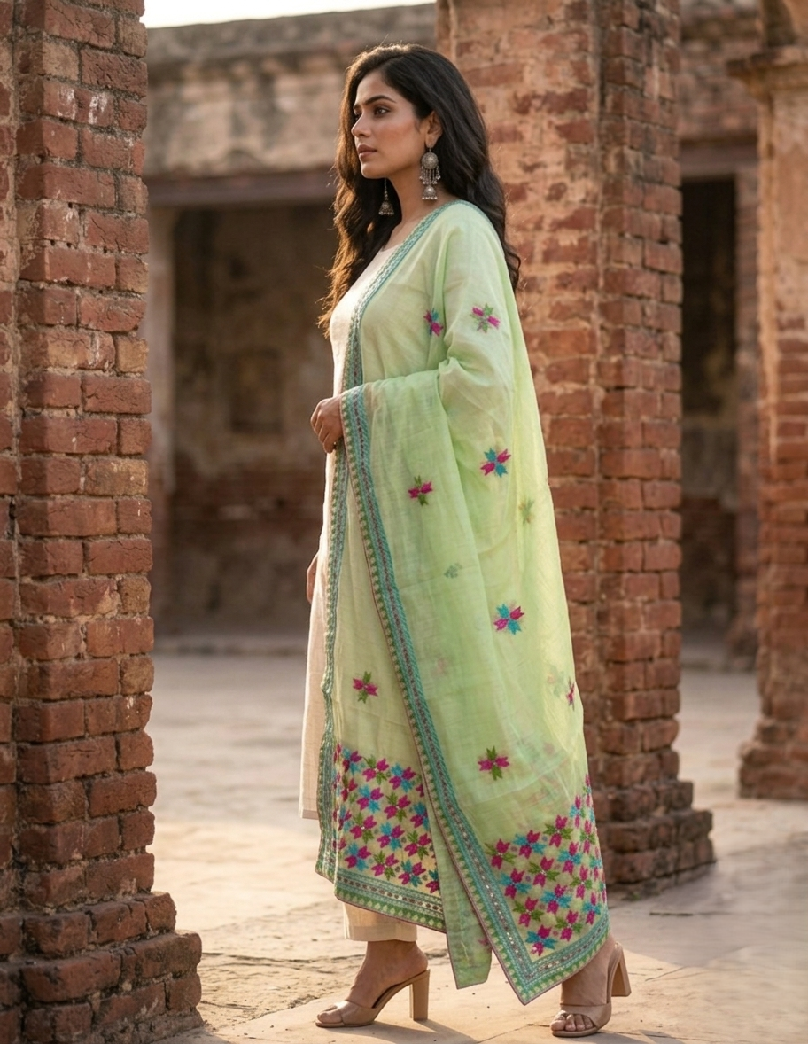 The Amritsar Store Phulkari Dupatta – Hand Embroidered with Magenta Thread on Elegant Fabric
