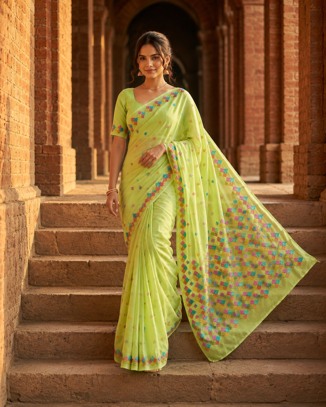 Hand embroidered green Phulkari saree for women with traditional Punjabi embroidery