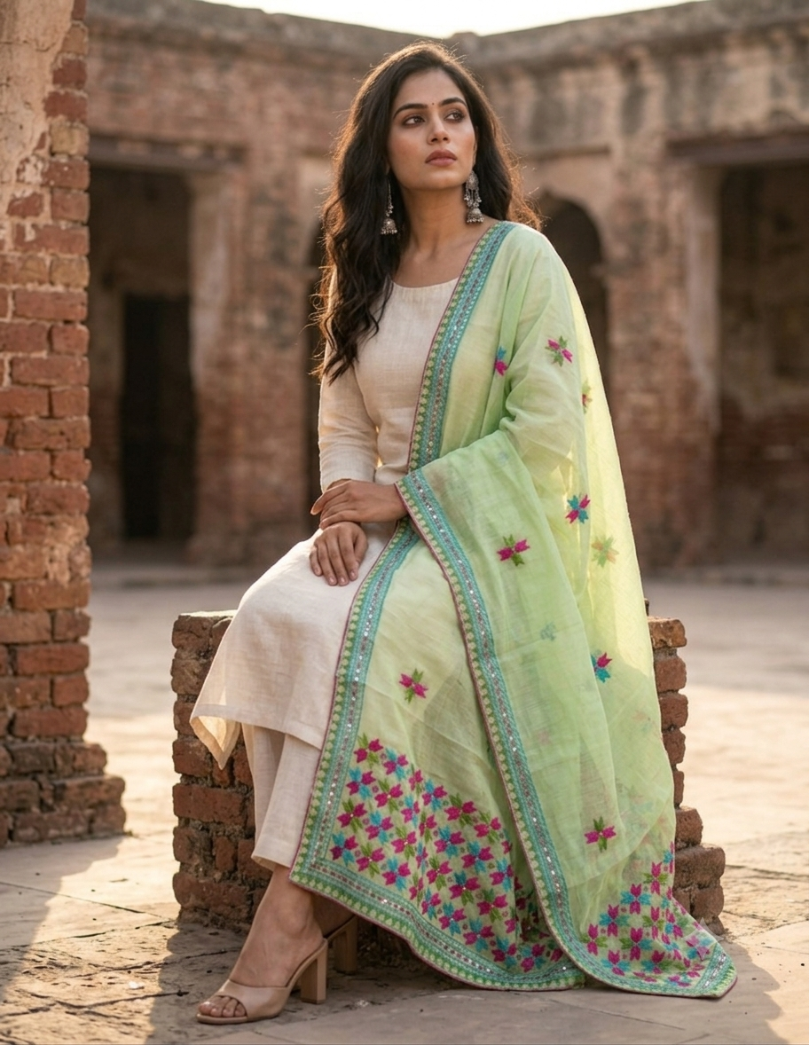 The Amritsar Store Phulkari Dupatta – Hand Embroidered with Magenta Thread on Elegant Fabric