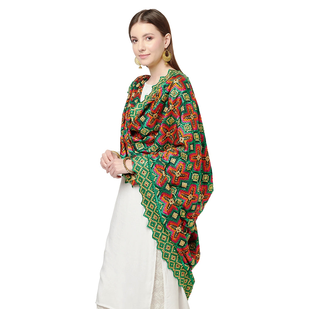 Green Heavy Jaal Four Side Cut Work With Latkans (Tassels) Phulkari Dupatta By The Amritsar Store - The Amritsar Store