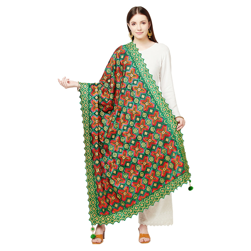 Green Heavy Jaal Four Side Cut Work With Latkans (Tassels) Phulkari Dupatta By The Amritsar Store - The Amritsar Store