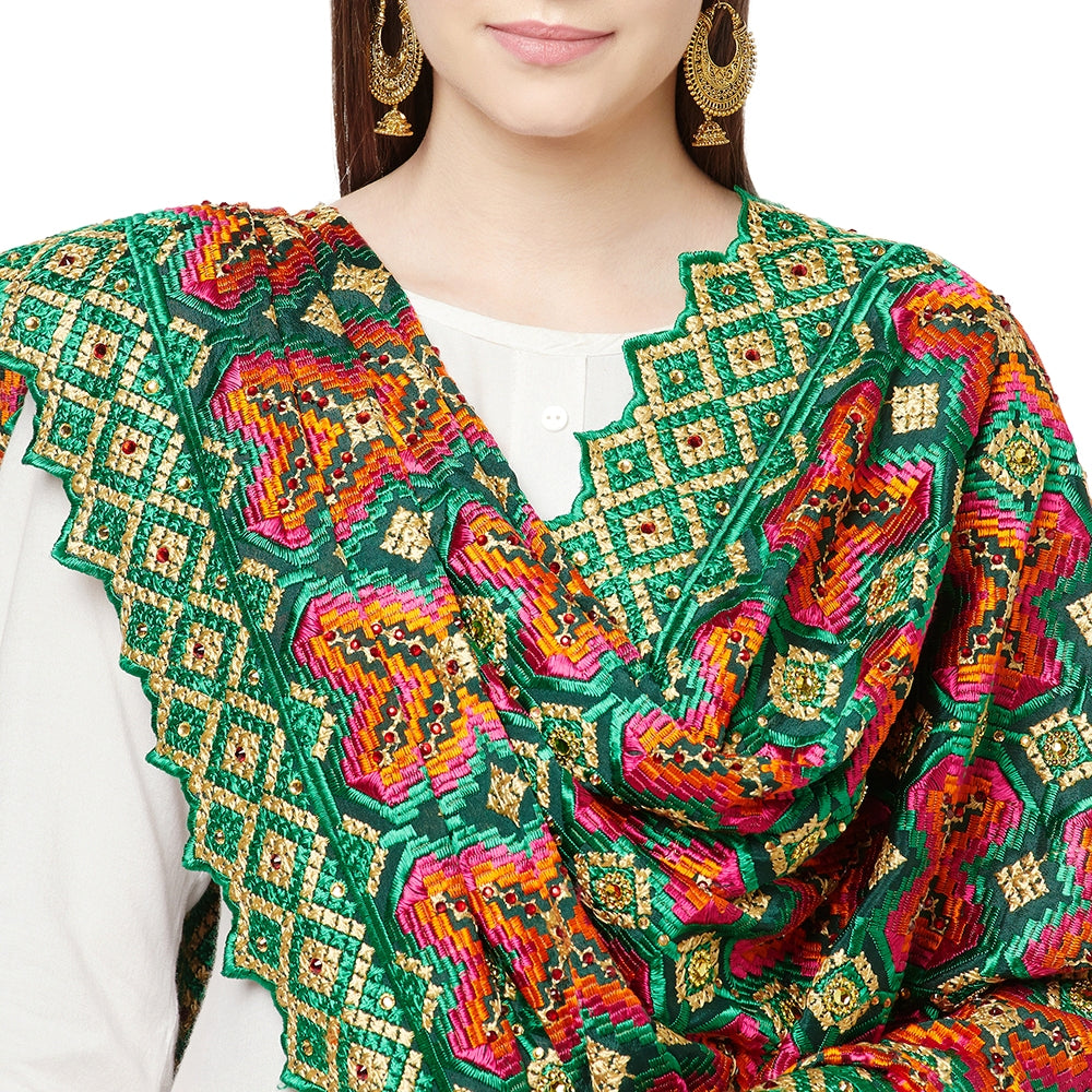 Green Heavy Jaal Four Side Cut Work With Latkans (Tassels) Phulkari Dupatta By The Amritsar Store - The Amritsar Store