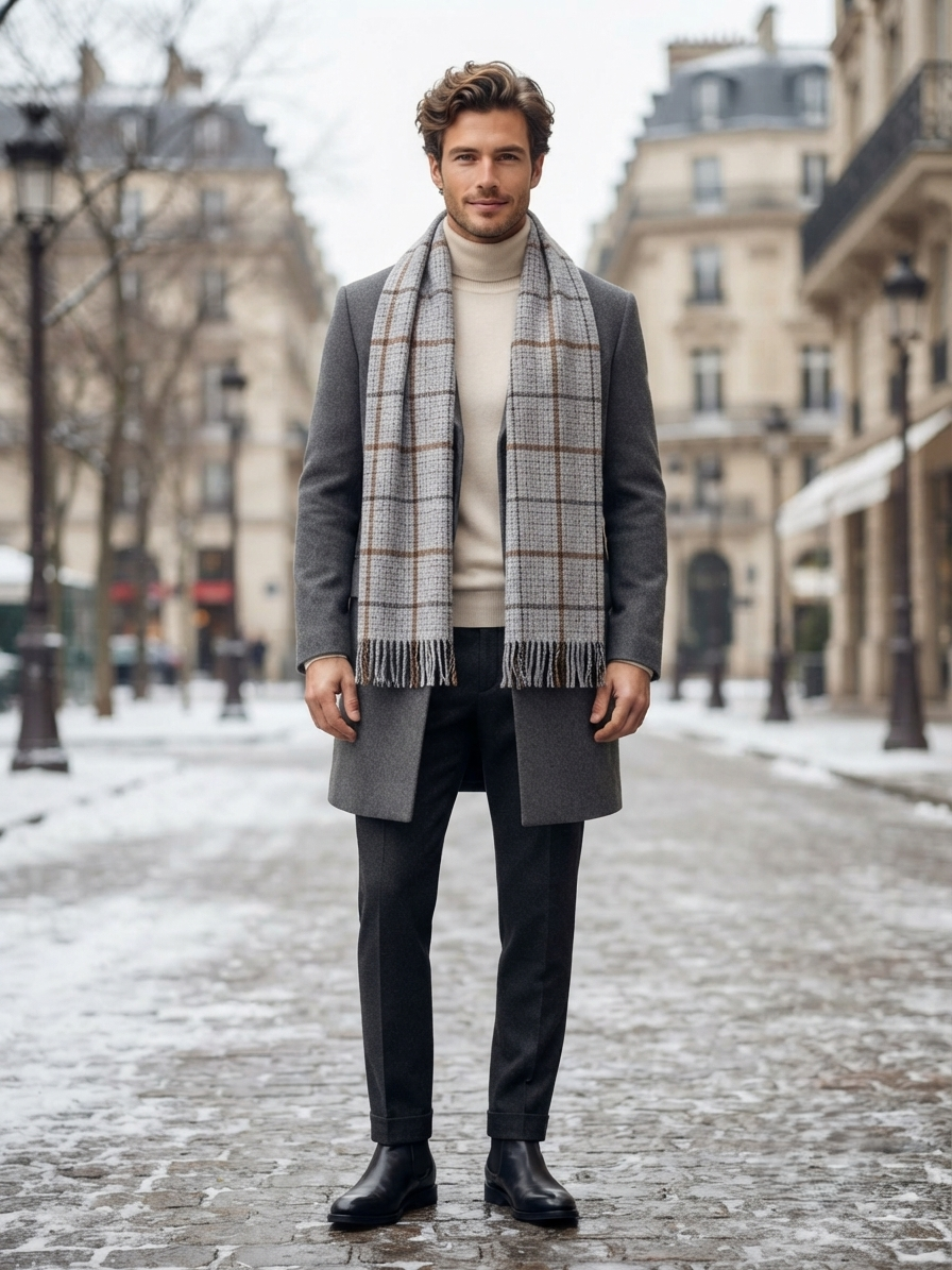 Grey Checkered Scarf for Men & Women – Lightweight Soft Fringe Wrap | The Amritsar Store - The Amritsar Store