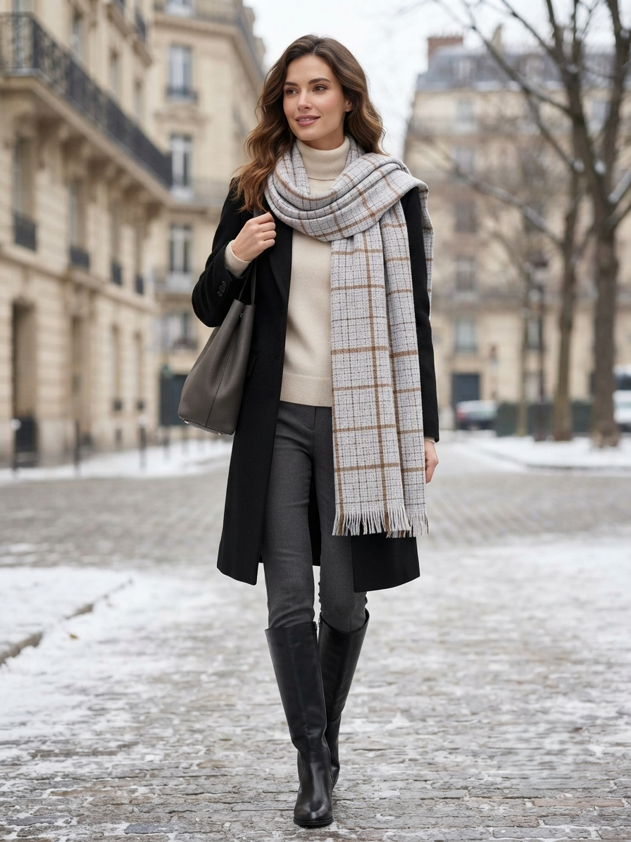 Grey Checkered Scarf for Men & Women – Lightweight Soft Fringe Wrap | The Amritsar Store - The Amritsar Store